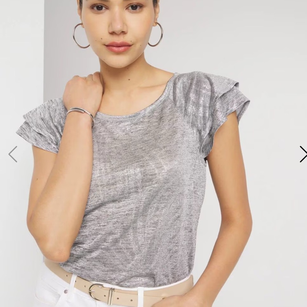 NWT - WHBM Palm Frond Foil Silver Crew Neck Flutter Sleeve Women’s Shirt Size L